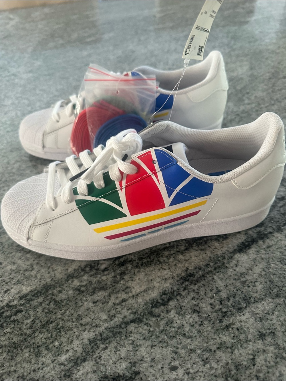 adidas White Sneakers with Green, Red, Blue & Yellow Trefoil